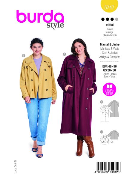 Patron Burda 5747 - Manteau et veste trench-coat pour silhouettes curvy