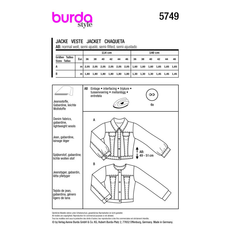 Patron Burda 5749 - Vestes décontractées à boutons