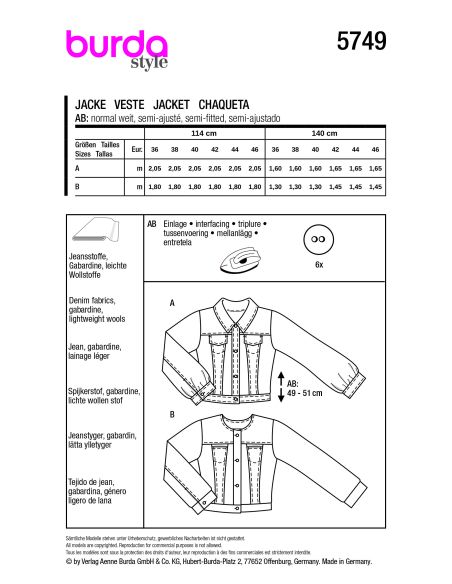 Patron Burda 5749 - Vestes décontractées à boutons