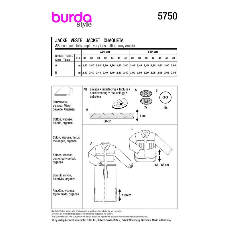 Patron Burda 5750 - Veste tendance à poches XL