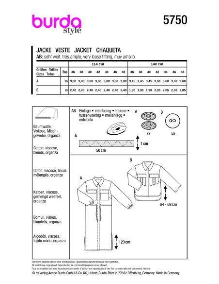 Patron Burda 5750 - Veste tendance à poches XL
