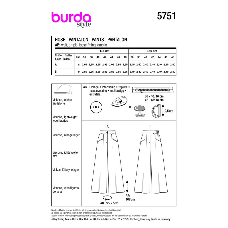 Patron Burda 5751 - Pantalon à pinces et jambes évasées
