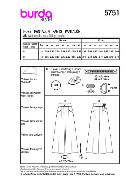 Patron Burda 5751 - Pantalon à pinces et jambes évasées