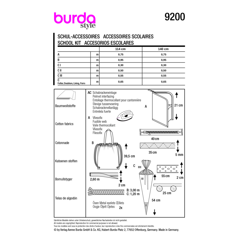 Patron Burda n°9200 - Accessoires scolaires pratiques