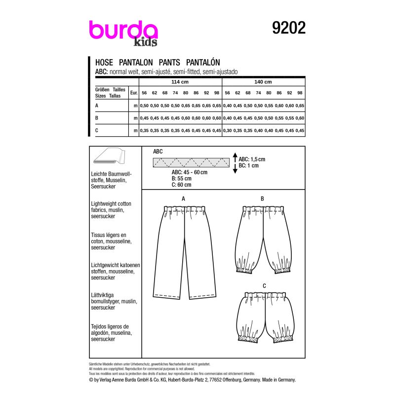 Patron Burda 9202 - Pantalon et short pour enfants avec taille élastiquée