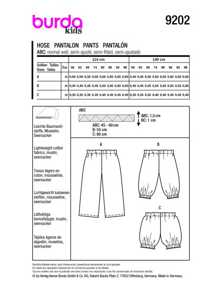 Patron Burda 9202 - Pantalon et short pour enfants avec taille élastiquée