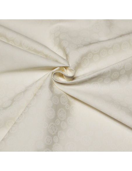 Gabardine coton & élasthanne - Broche fleuri ton-sur-ton blanc cassé