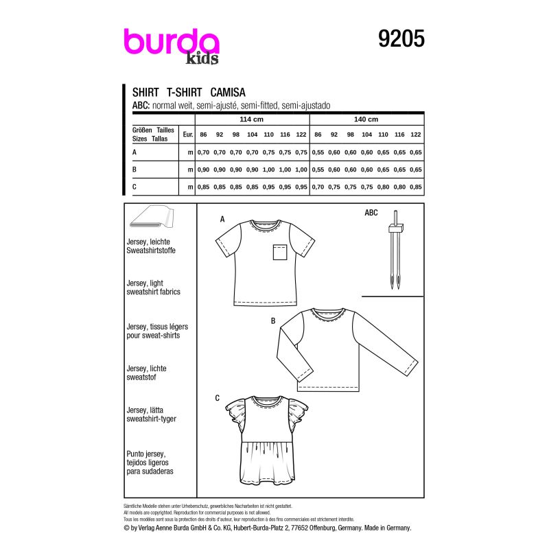 Patron Burda 9205 - T-shirts pour enfants avec variations créatives