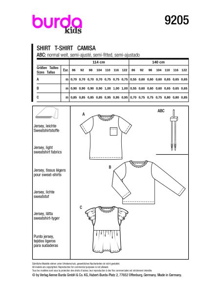 Patron Burda 9205 - T-shirts pour enfants avec variations créatives