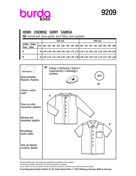 Patron Burda 9209 - Chemise pour enfants avec variations stylées