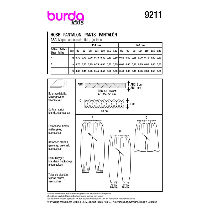 Patron Burda 9211 - Pantalon et short pour enfants avec taille élastiquée