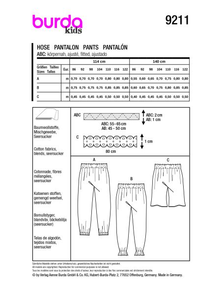 Patron Burda 9211 - Pantalon et short pour enfants avec taille élastiquée