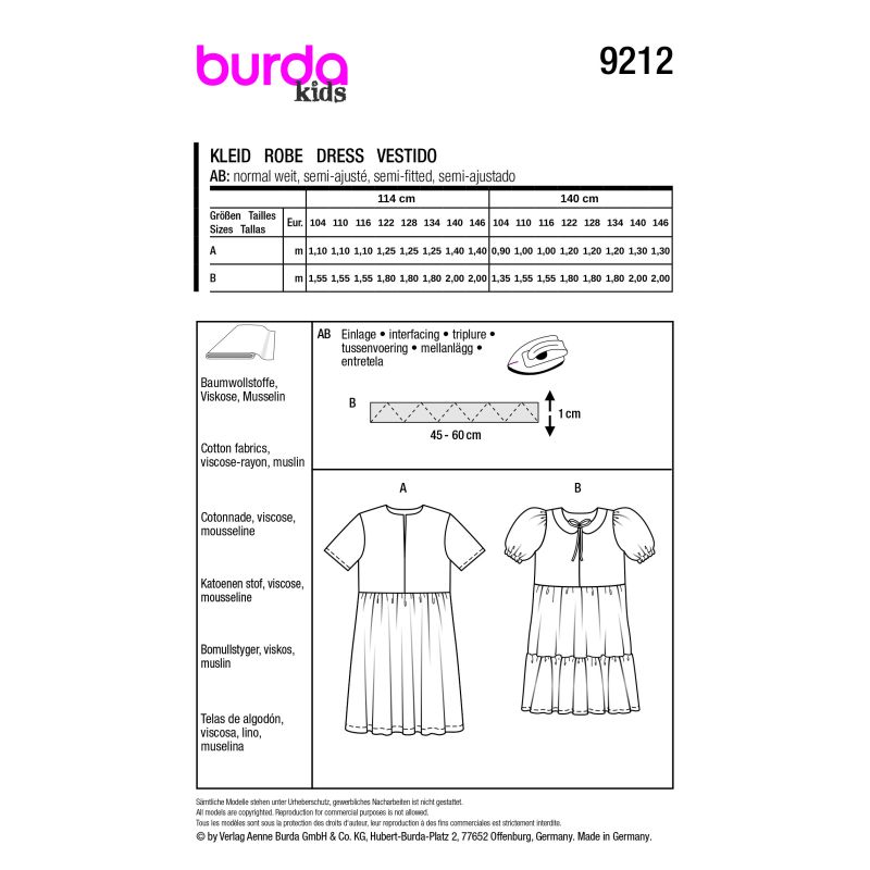 Patron Burda 9212 - Robe pour fillettes avec variations charmantes