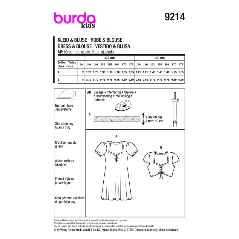 Patron Burda 9214 - Robe et top pour enfants avec détails modernes