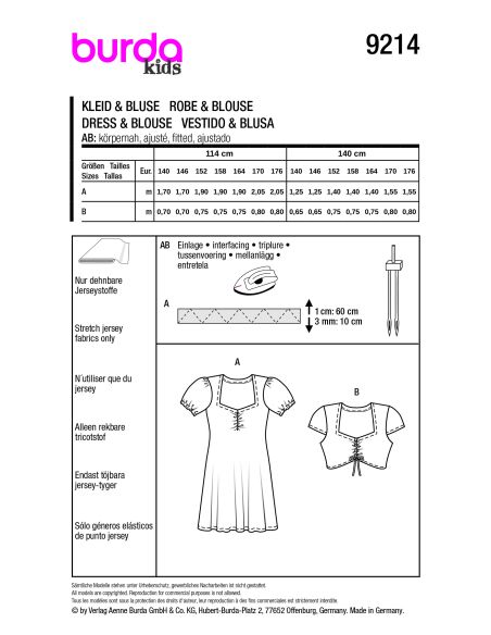 Patron Burda 9214 - Robe et top pour enfants avec détails modernes