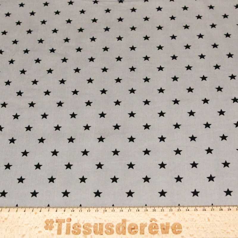 Popeline 100% coton - Etoiles noires sur fond gris