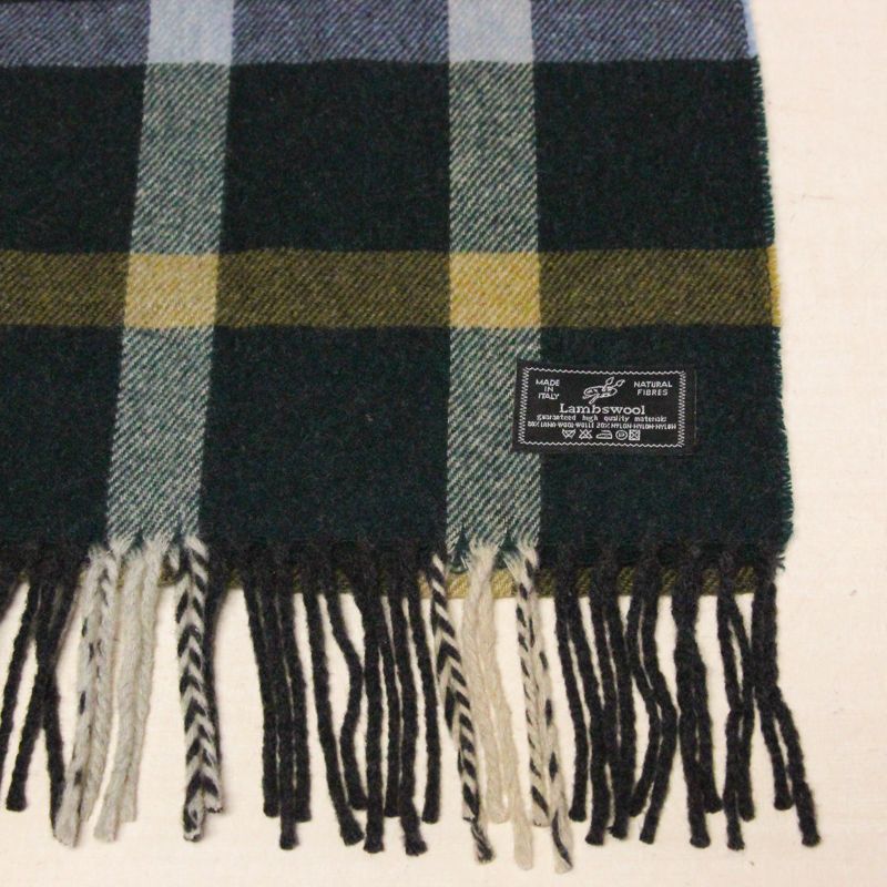 Écharpe à frange de laine - Vert à carreaux bleu ciel et jaune