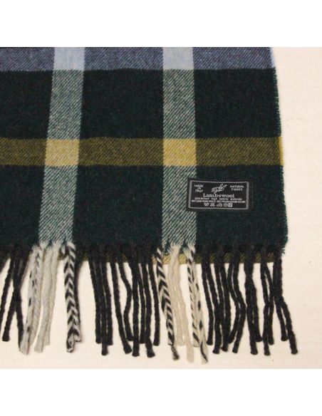 Écharpe à frange de laine - Vert à carreaux bleu ciel et jaune