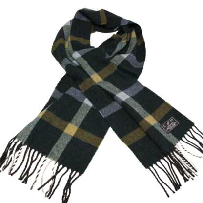 Écharpe à frange de laine - Vert à carreaux bleu ciel et jaune