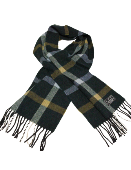 Écharpe à frange de laine - Vert à carreaux bleu ciel et jaune
