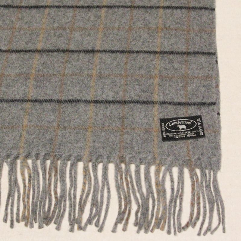 Écharpe à frange de laine - Carreaux gris lignes marron et noir