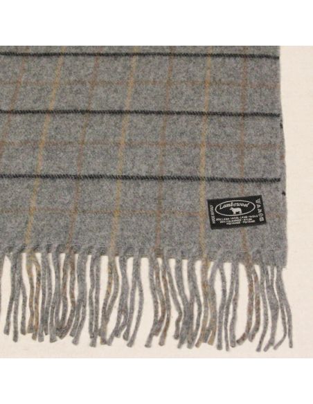 Écharpe à frange de laine - Carreaux gris lignes marron et noir