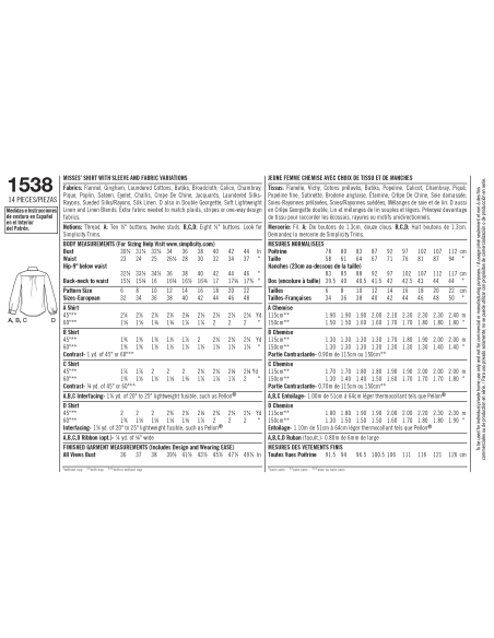 Patron Simplicity 1538.R5 (42-50) - Chemise boutonnée pour femmes