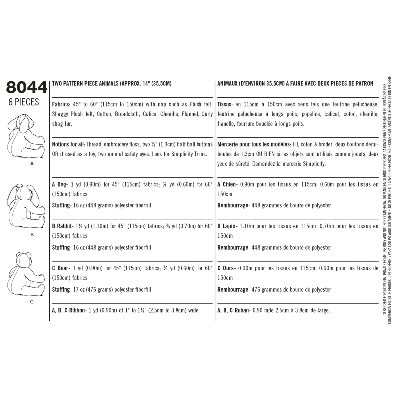 ​Patron Simplicity 8044 - Peluches en deux pièces​