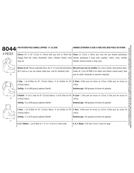 ​Patron Simplicity 8044 - Peluches en deux pièces​