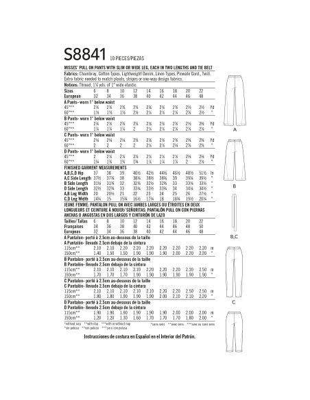 Patron Simplicity 8841.R5 (42-50) - Pantalons à enfiler à jambes larges ou étroites pour femmes