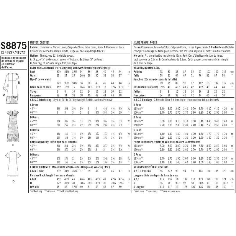 Patron Simplicity 8875.H5 (34-42) - Robe féminine avec encolure en V et volants