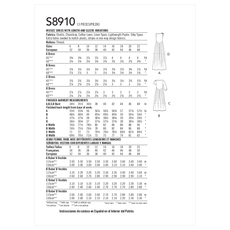 Patron Simplicity 8910.H5 (34-42) - Robe à encolure en V et taille empire