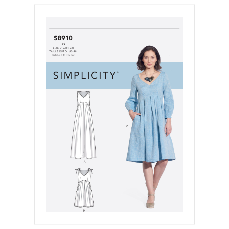 Patron Simplicity 8910.R5 (42-50) - Robe à encolure en V et taille empire