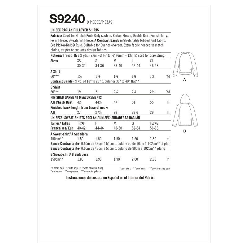 Patron Simplicity 9240.A (40-58) - Sweat-shirt unisexe à manches raglan