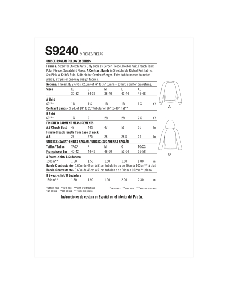 Patron Simplicity 9240.A (40-58) - Sweat-shirt unisexe à manches raglan