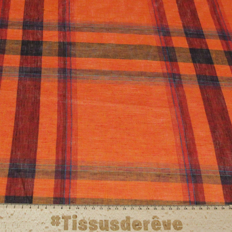 Étoffe 100 % lin - Carreaux orange