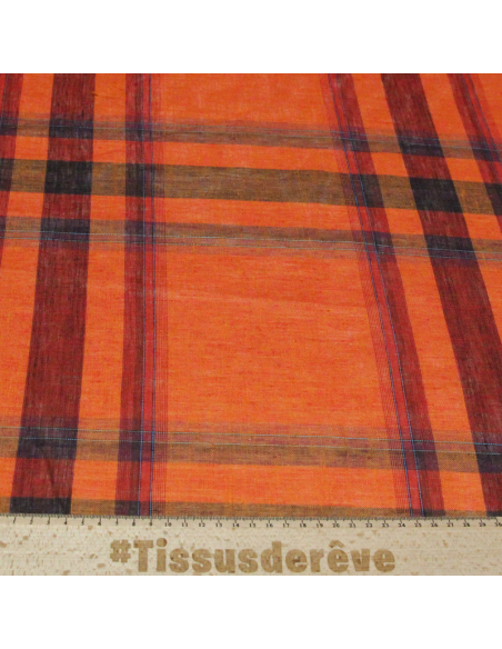 Étoffe 100 % lin - Carreaux orange