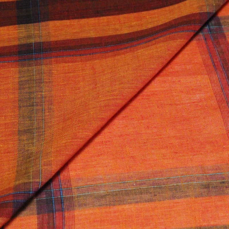 Étoffe 100 % lin - Carreaux orange
