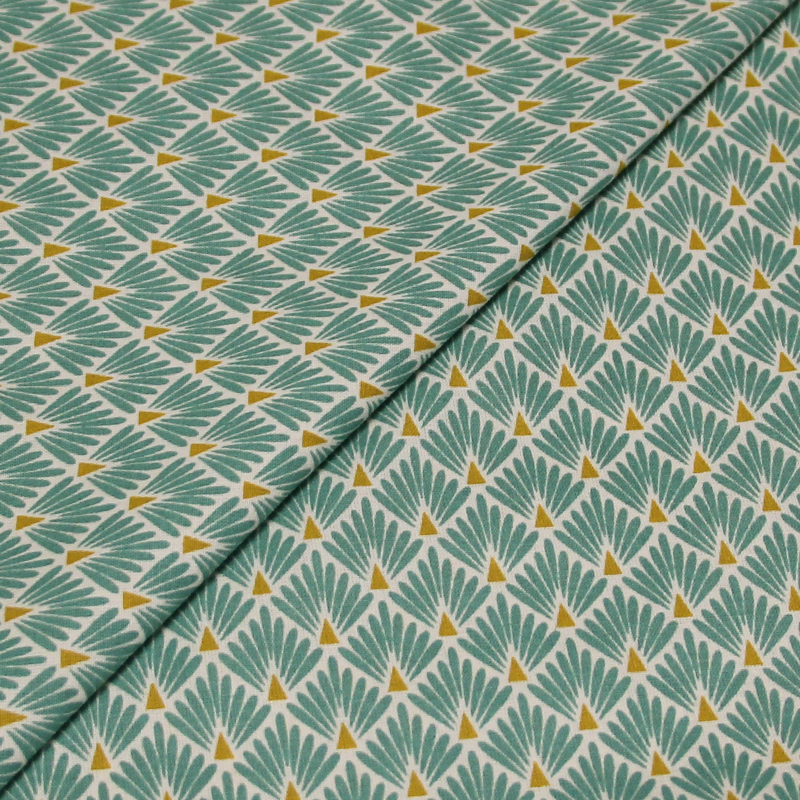Cretonne 100% coton - Palme turquoise fond blanc