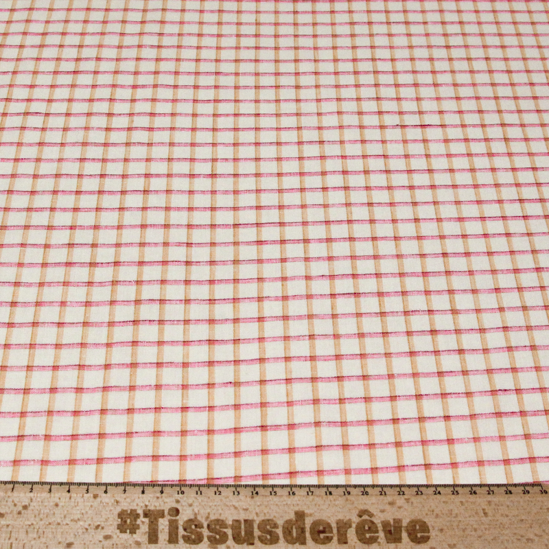 Étoffe 100 % lin - Carreaux rose et jaune fond blanc