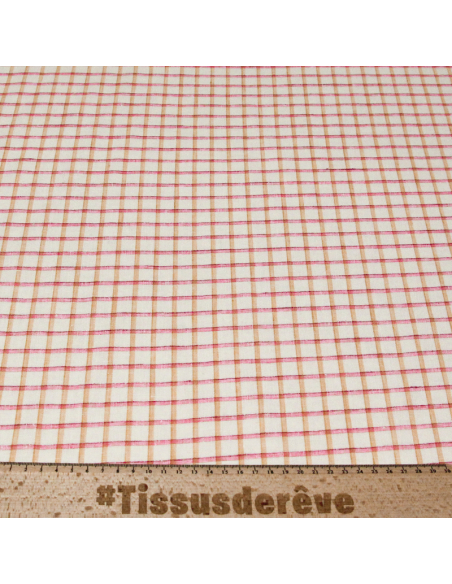 Étoffe 100 % lin - Carreaux rose et jaune fond blanc