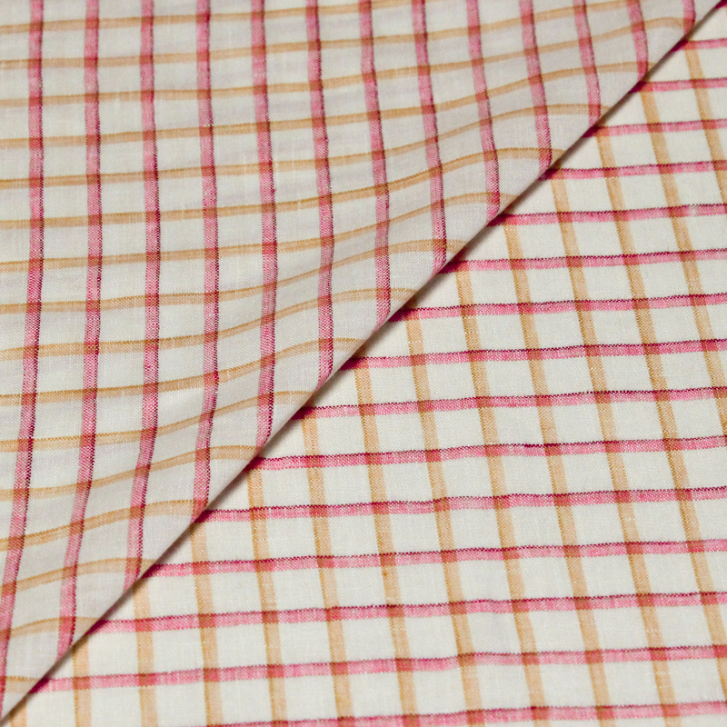 Étoffe 100 % lin - Carreaux rose et jaune fond blanc