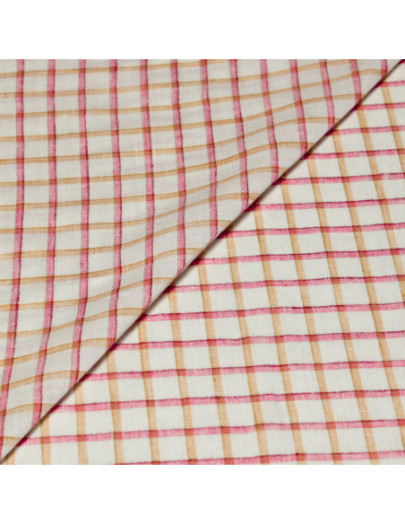 Étoffe 100 % lin - Carreaux rose et jaune fond blanc