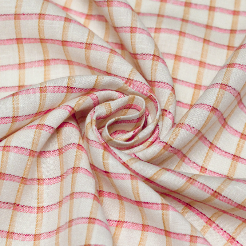 Étoffe 100 % lin - Carreaux rose et jaune fond blanc