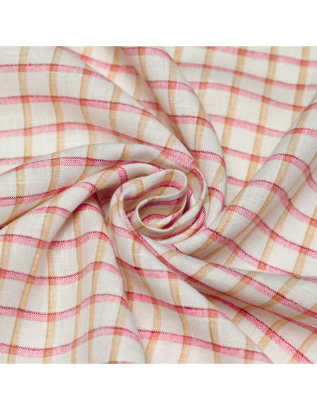 Étoffe 100 % lin - Carreaux rose et jaune fond blanc