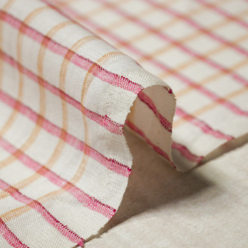 Étoffe 100 % lin - Carreaux rose et jaune fond blanc