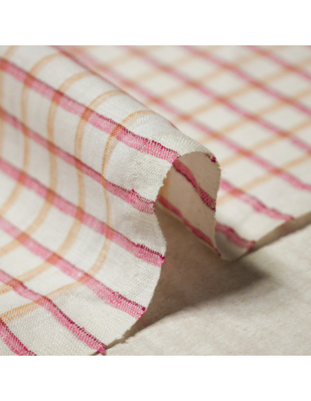 Étoffe 100 % lin - Carreaux rose et jaune fond blanc