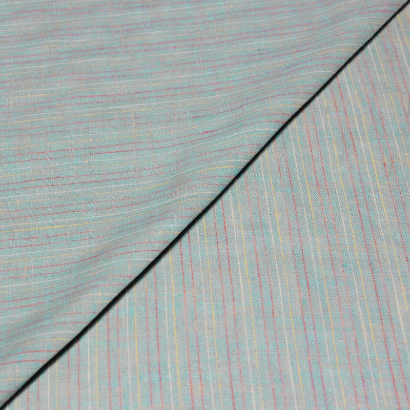 Étoffe 100 % lin - Rayures fines colorées fond bleu