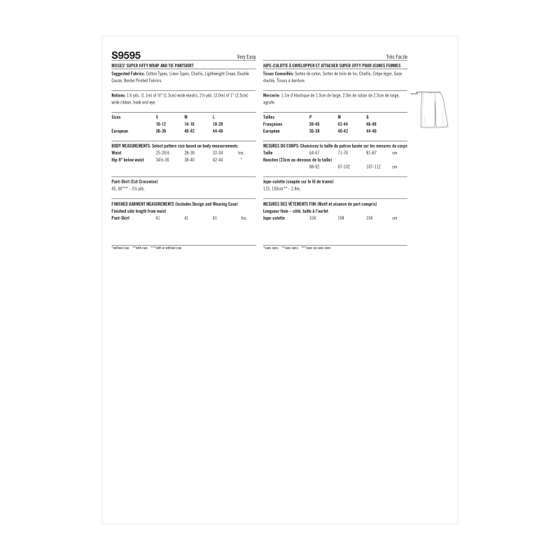Patron Simplicity 9595 - Jupe-culotte portefeuille à nouer