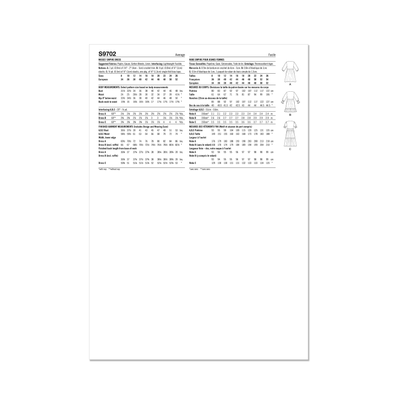 Patron Simplicity 9702.Y5 (46-54) - Robe à encolure en V et taille empire